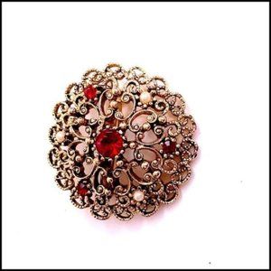 Vintage JJ Jonete‎ Round Pin Brooch Red Crystal Faux Mini Pearl Jewelry Scarf